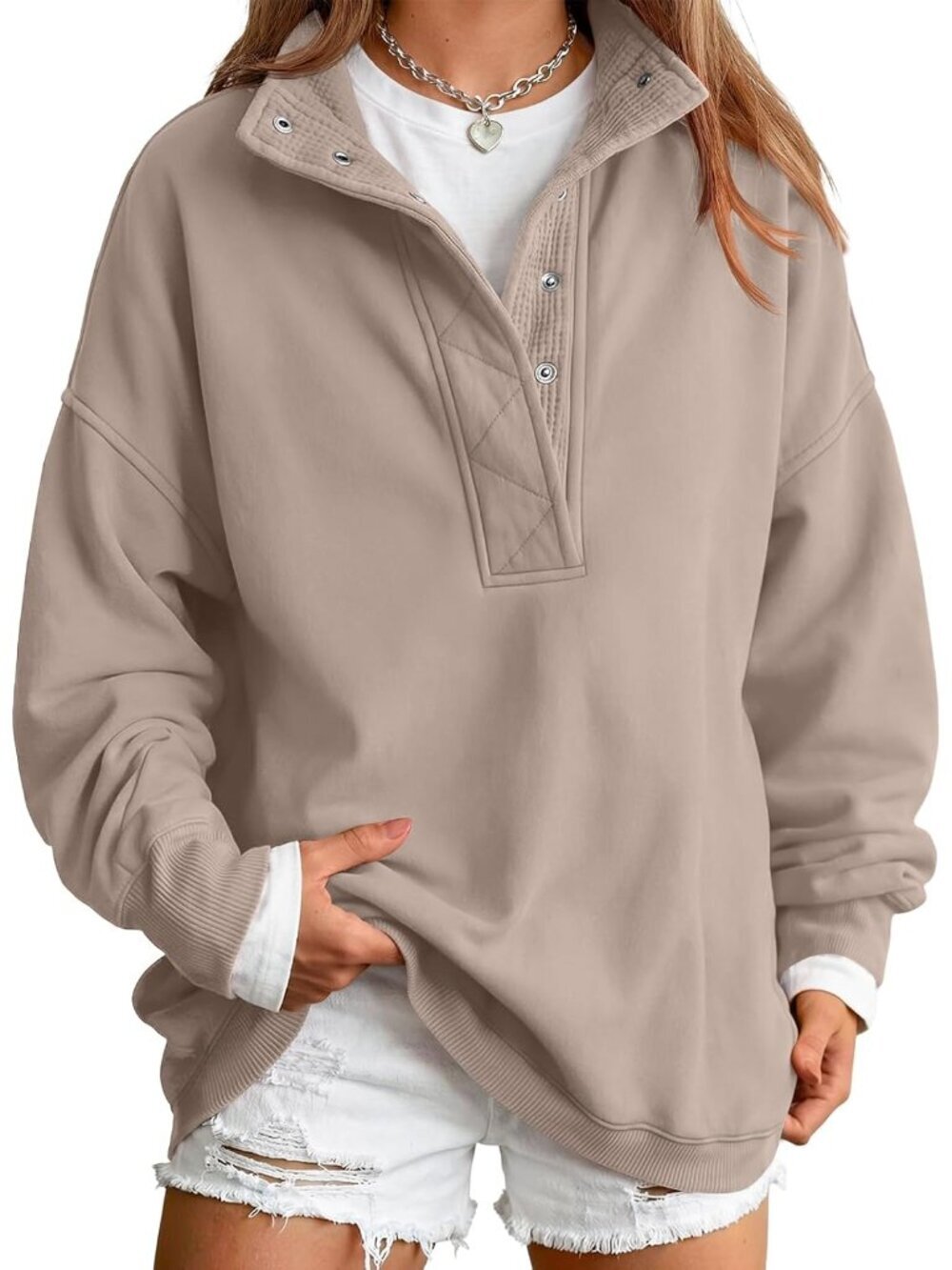 Womens Oversized Sweatshirts with Snap Button Henley Collar | Soft Fleece Pullov